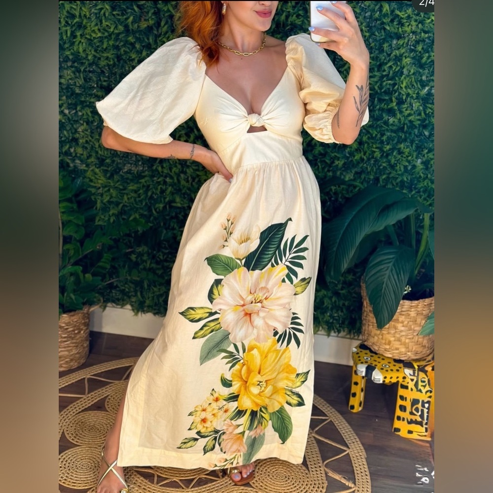 FARM Rio Cream Floral Camille Long Dress Size S